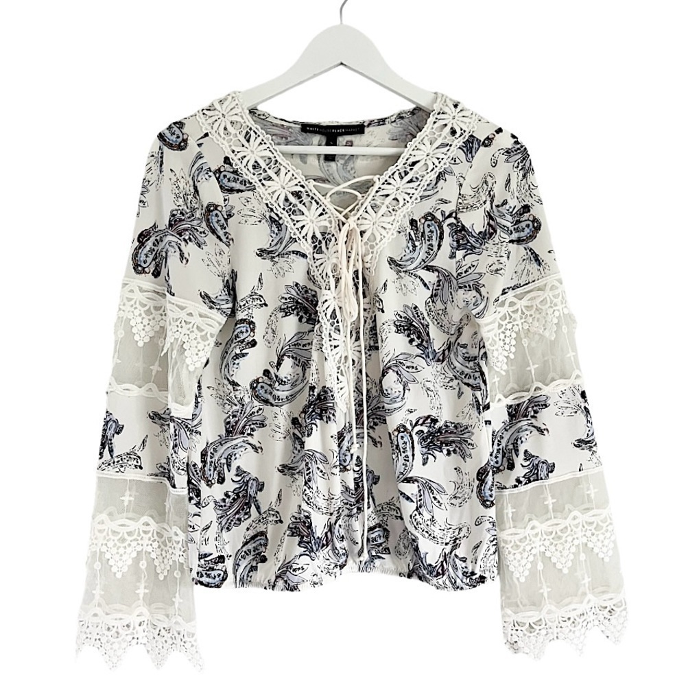 White House Black Market Dolman Sleeve Lace‎ Blouse White Purple Size Small